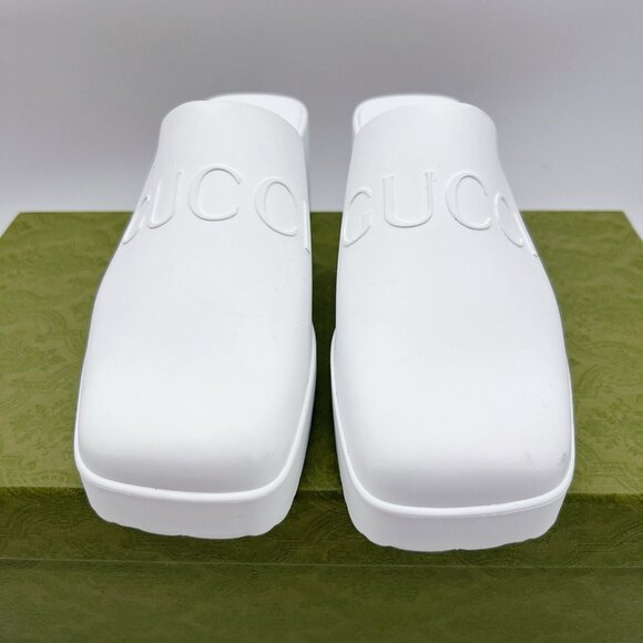 Gucci Logo Rubber Platform Heel Clogs Mules Slip On 725899 White Wms EU 39 US 9 - Picture 5 of 13